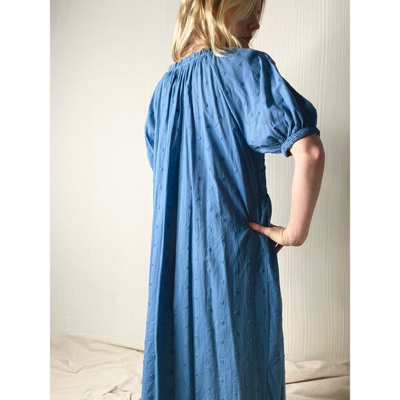 MNG Cotton Blue Smocked Puff Sleeve Maxi Dress NWT US 8 - Picture 5 of 12